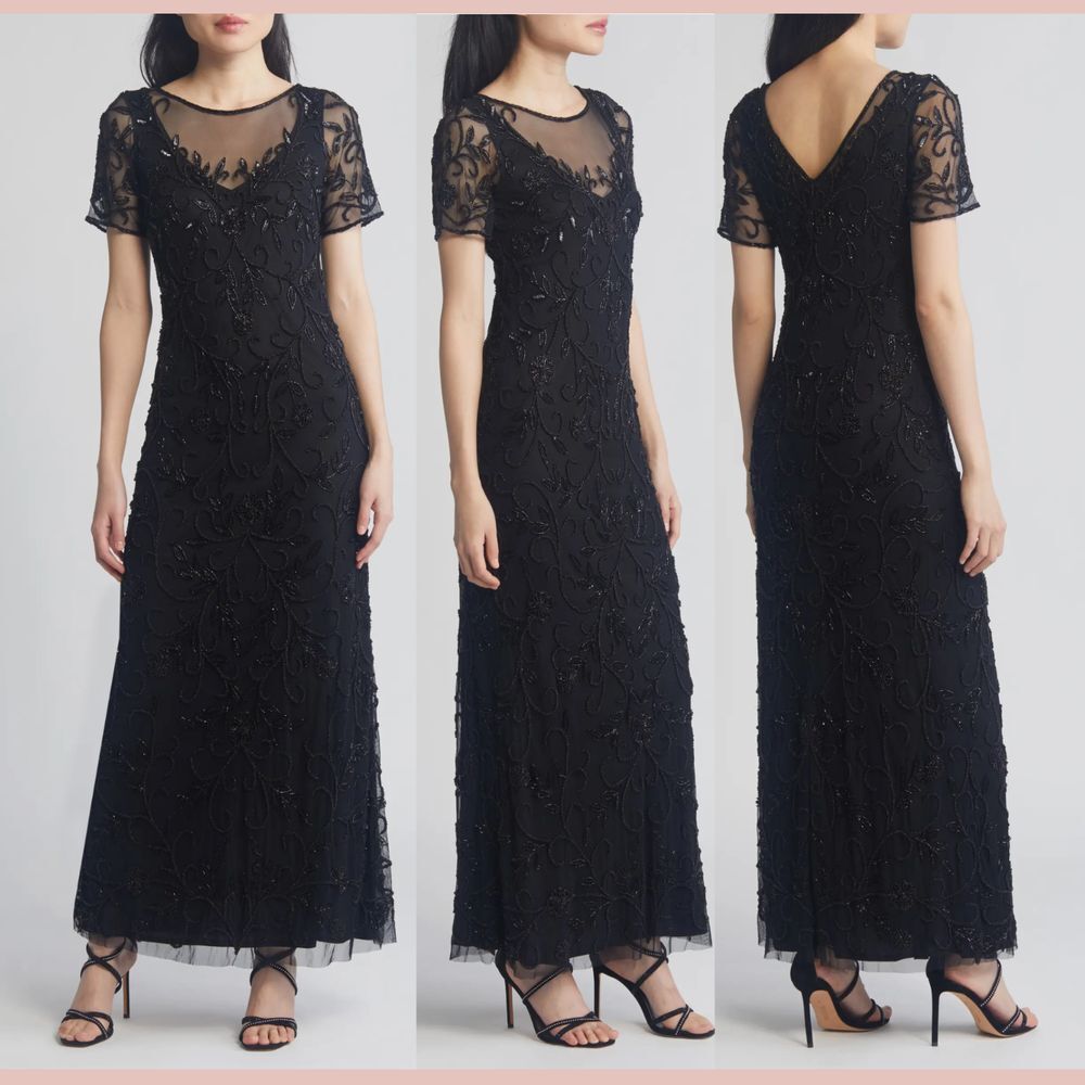 NEW $268 Pisarro Nights [ 8 ] Floral Beaded Short Sleeve A-Line Gown Black‎